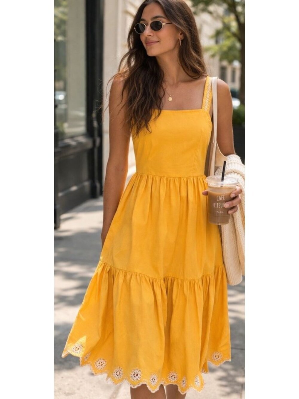 JCREW Eyelet Scalloped Tiered Yellow Dress Sz 4 Casual Preppy Teacher Dainty